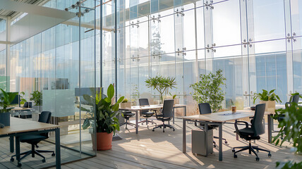 Modern office space bright sunny glass walls plants