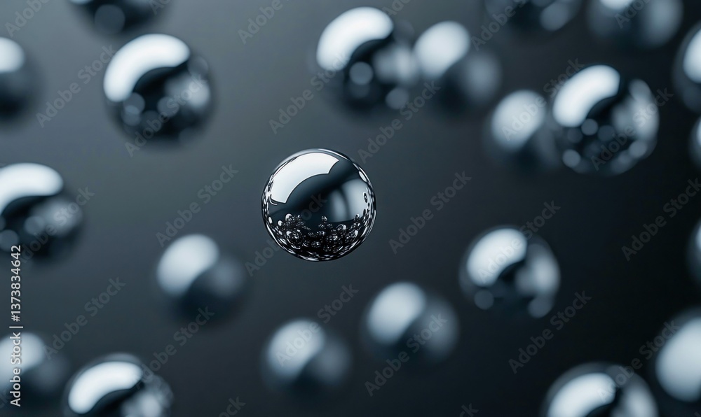 Poster abstract chrome spheres float gracefully in a dark void, reflecting light and creating a modern feel