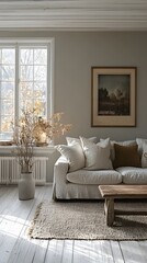 Fototapeta premium Modern Living Room with White Couch and Wooden Coffee Table