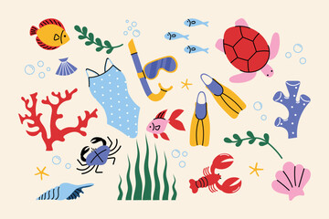 Cartoon-style underwater illustration with sea animals, fish, corals, diving gear. Perfect for summer prints, posters, wall decor, stickers, ocean-themed design for kids, travel, marine projects