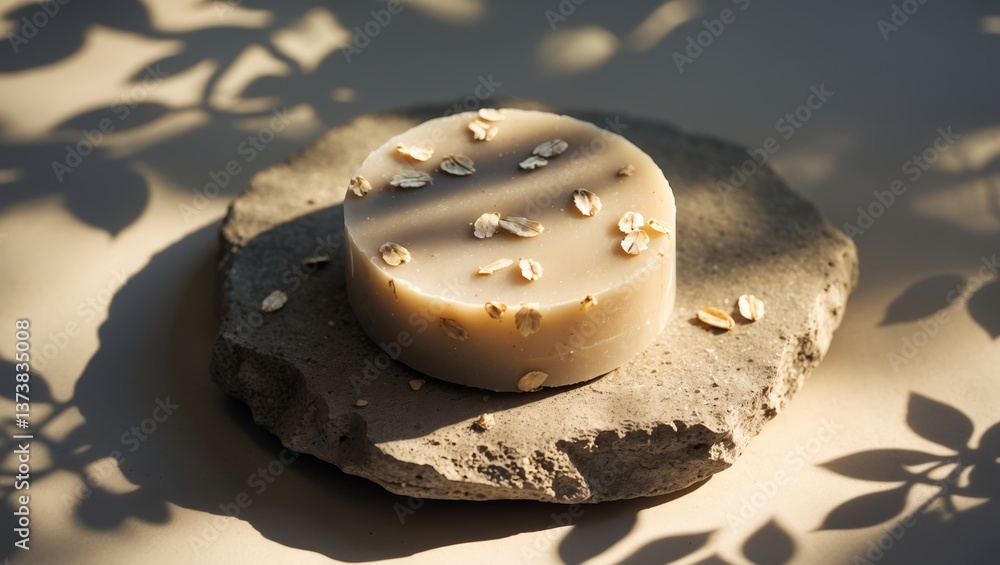 Poster Natural oat soap displayed on textured stone with soft shadows in a sunlit setting