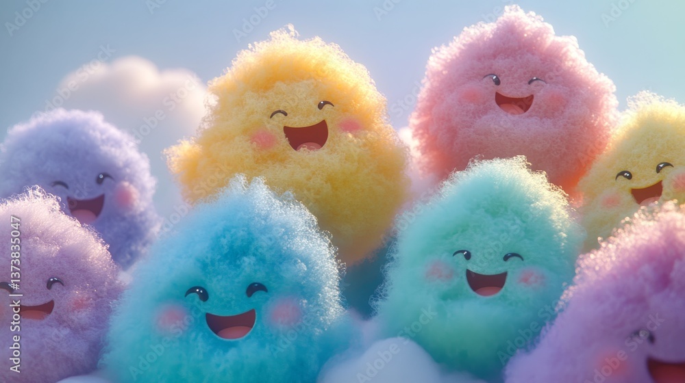 Poster a playful and joyful fantasy scene featuring fluffy clouds in bright colors with happy smiling faces