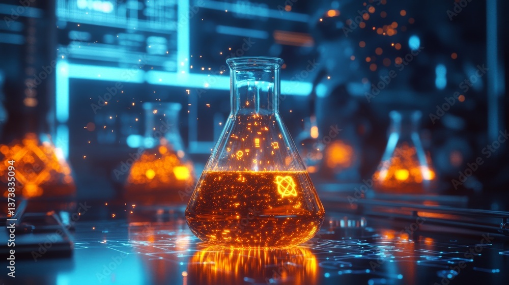 Poster a close-up of a chemical flask filled with bright orange liquid, surrounded by digital interfaces in