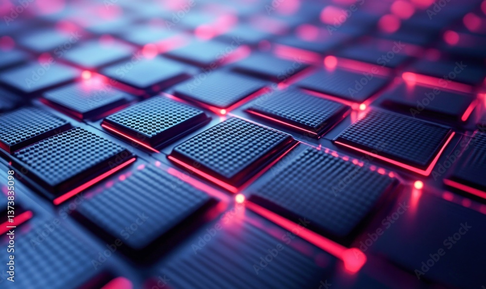 Poster a matrix of square chips is glowing with red and blue lights, creating an abstract, technological fe