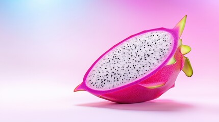 A vibrant dragon fruit cut in half, showcasing its unique pink skin and white flesh with black seeds against a soft gradient background.