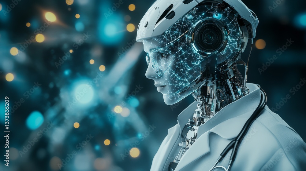 Poster a highly detailed close-up of a humanoid robot doctor with visible circuitry and a futuristic helmet