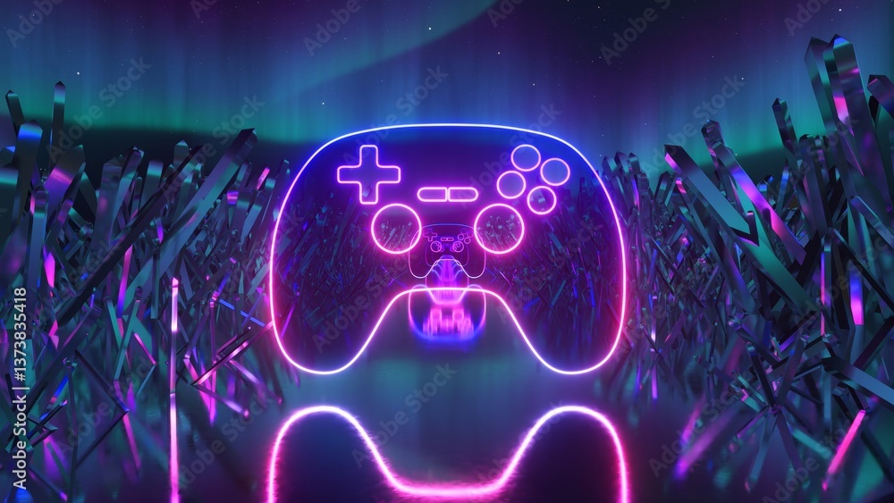 Poster neon gamepads floating above reflective surface, nestled within crystal forest landscape, shimmering