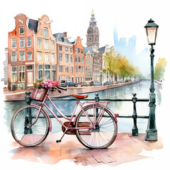 Fototapeta premium Watercolor illustration of a city with a promenade and a bicycle