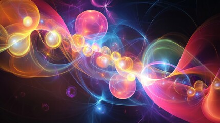 Obraz premium A vivid abstract digital composition featuring bright, colorful spheres and flowing light streaks, suggesting motion and energy. Ideal for creative or futuristic-themed projects.. AI Generation