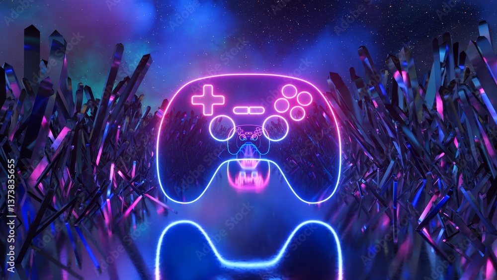 Poster glowing neon gamepad floating within dark crystal cave, emanating mesmerizing luminescence through i