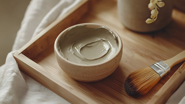 Spa Day: Earthy clay mask in a bowl, paired with an application brush, for a natural skin treatment.