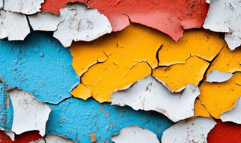 Aufkleber layers of colorful paint are peeling off an old wall, creating a textured abstract pattern.