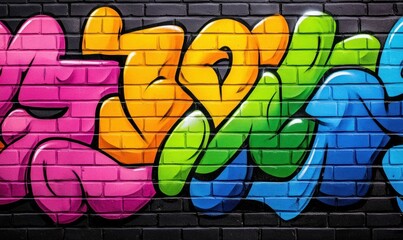 A colorful graffiti art piece pops on a dark brick wall, creating an edgy, dynamic backdrop.