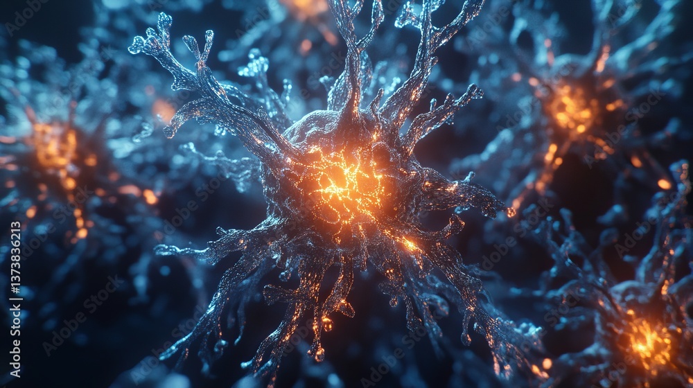 Poster a glowing neural network is depicted in a close-up, with fiery orange and blue lights illuminating i