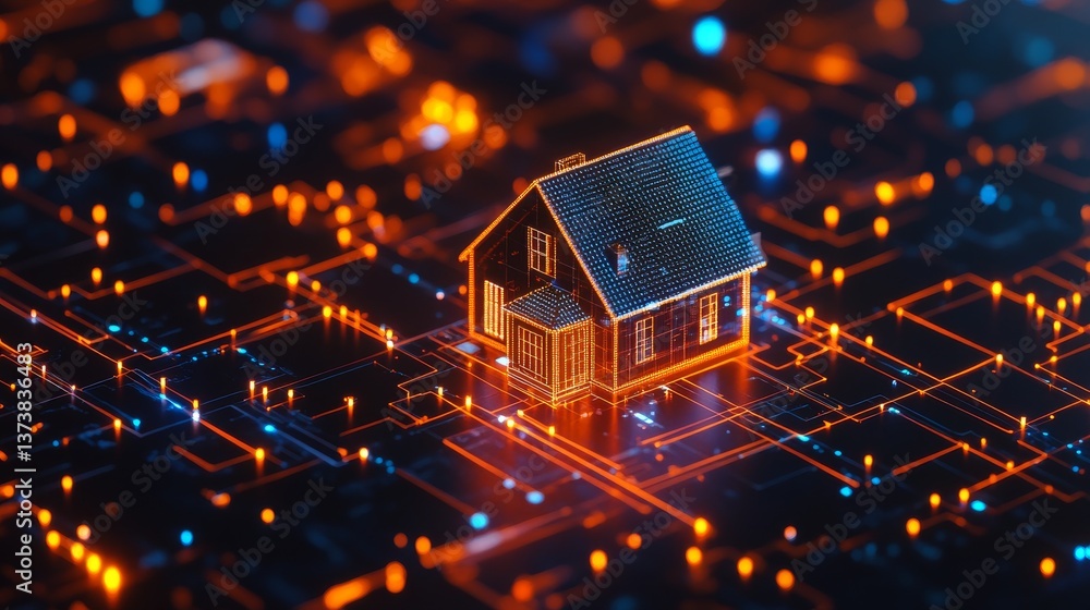 Poster a high-tech 3d render of a house model on a glowing circuit board background, symbolizing the integr