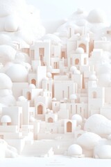 Obraz premium Intricate white buildings with domes and arches are nestled among soft, cloud-like formations, creating a serene and artistic atmosphere in this tranquil landscape