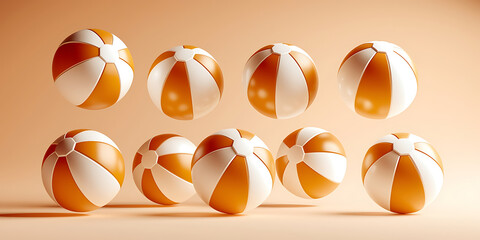 Orange and white beach balls in mid-air against a pale peach background