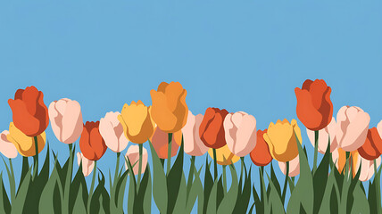 Spring Tulips in a Row Against a Light Blue Sky