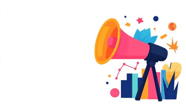 business growth strategies scaling  team building Colorful megaphone graphic with dynamic shapes and elements, representing communication and marketing concepts.