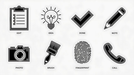 Simple black and white icons for creative work Edit Idea Done Note  Brush Fingerprint Call