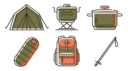Camping gear icons flat style outdoor adventure