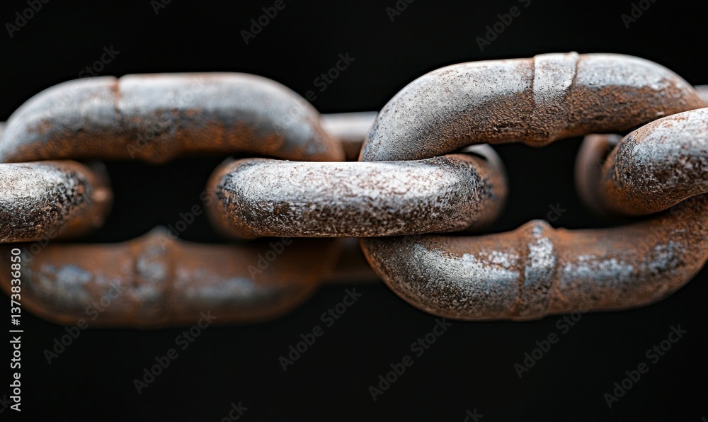 Poster a macro shot captures the intricate texture of a rusted, aged metal chain on dark backdrop.
