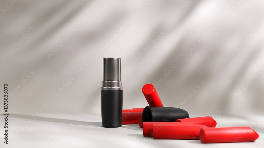 Poster multiple shots of red lipstick assembling and falling apart against a white background with shadows,