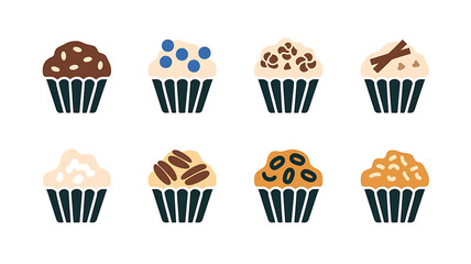Cute colorful cupcake icons various toppings flat design food illustration