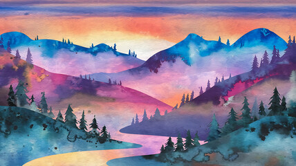 Misty mountain range vibrant watercolor landscape serene forest scene