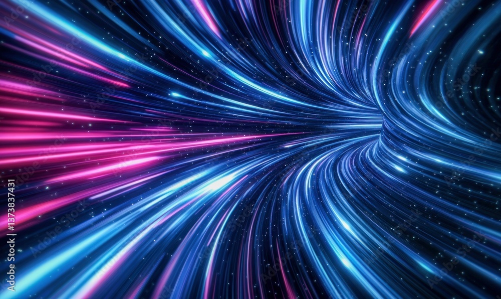 Poster a dynamic vortex of light and color represents a futuristic journey through a space-time tunnel.