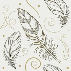 Obraz premium Ethereal Gold Line Art Feathers And Wind Swirls On Light Gray Background Seamless Pattern For Luxury Packaging Premium Textiles And Elegant Decor