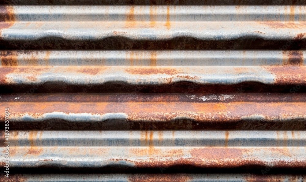 Poster close-up of rusty corrugated metal creating a textured background with aged, weathered patterns.