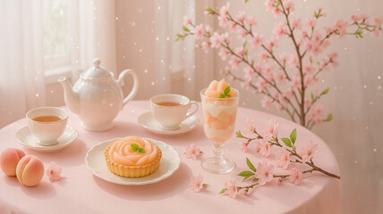 桃のアフタヌーンティータイム/Peach Afternoon Tea Delight Generative AI