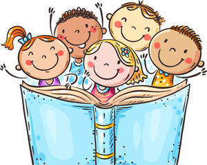 Group of happy children reading a book together. Hand-drawn cartoon kids illustration
