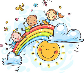Doodle happy cartoon kids on rainbow. Children sitting on rainbow. Hand-drawn vector illustration