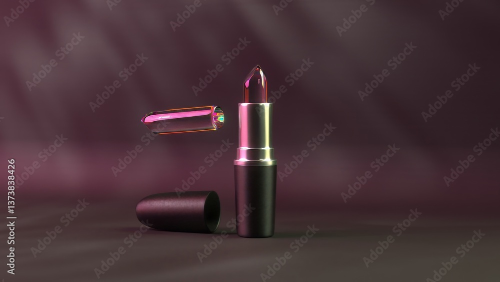 Aufkleber lipstick components exploding and scattering on purple background, creating a visually captivating s