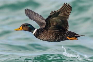 Obraz premium Velvet Scoter - Sea Duck with Brown Feathers Diving in Aquatic Background