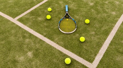 Tennis ball and racket on the ground of sunny outdoor grass tennis court. Summer, healthy...