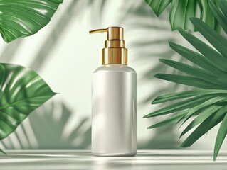 Elegant white pump bottle with gold accents surrounded by lush tropical leaves in a bright, natural light setting