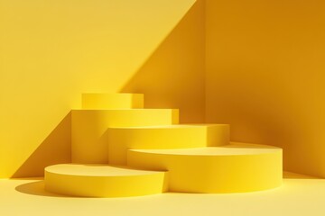Yellow podiums in a stepped formation with shadows on a matching yellow background