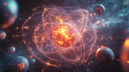 A visually striking futuristic atom glowing in space, surrounded by orbiting particles and digital data. Ideal for scientific, energy, and futuristic-themed projects.. AI Generation