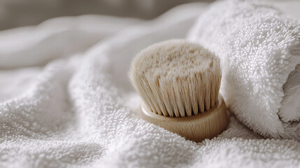 Natural bristle brush on soft, white towel. Spa and wellness essentials, gentle skincare for relaxation.
