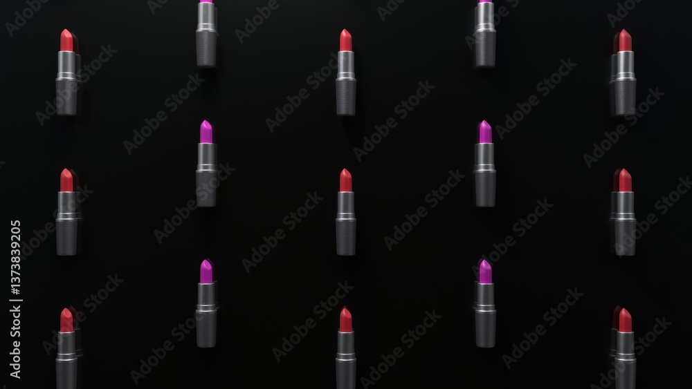 Poster several lipsticks with fuchsia and red nuances are rotating on a seamless black background, creating