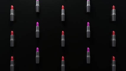 Several lipsticks with fuchsia and red nuances are rotating on a seamless black background, creating a hypnotic and satisfying pattern, ideal for beauty and makeup-related projects