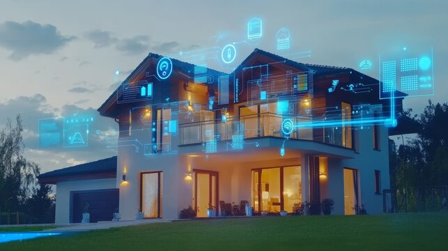 A modern house illuminated in the evening is enhanced with holographic icons representing security, automation, and smart technology, showcasing an advanced, connected home system in a serene