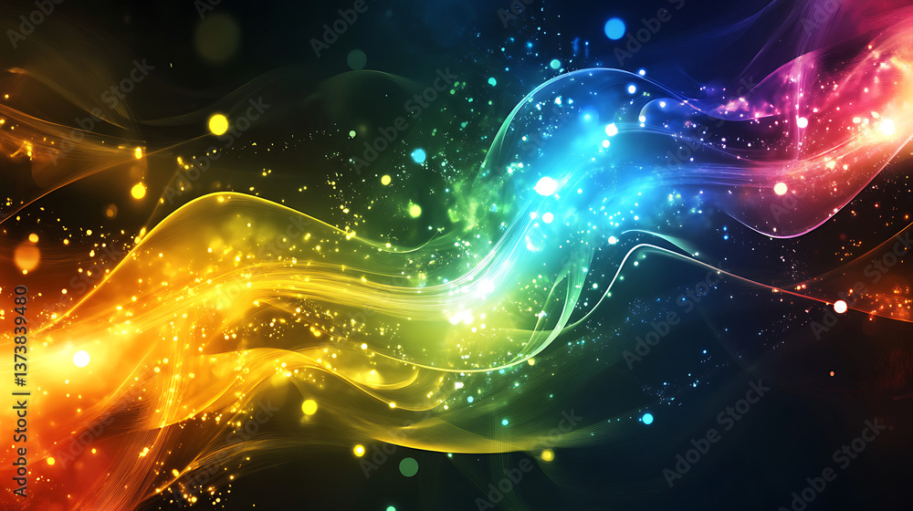 Poster abstract colorful light streams background with glowing particles, waves, and smooth transitions for