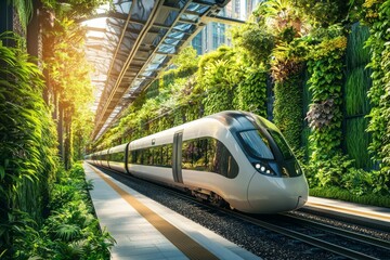 Fototapeta premium Stock photo of a high-speed train traveling through a futuristic green corridor, surrounded by eco-friendly urban architecture and lush vertical gardens 