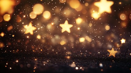 Obraz premium A dreamy, abstract display of glowing golden star-shaped bokeh lights, creating a magical and festive atmosphere. Ideal for holiday themes, celebrations, or decorative designs.. AI Generation