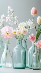Delicate spring flowers arranged in vintage glass vases on a white surface, showcasing a vibrant display of pastel colors during daylight