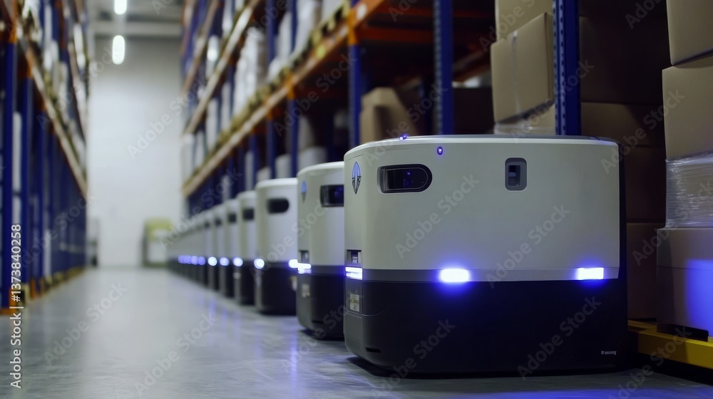 Poster a row of autonomous warehouse robots moves through a storage facility, illuminated by blue led light